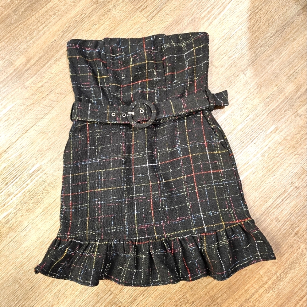 Pants Store Plaid Tweed Strapless Dress with Belt Size Small